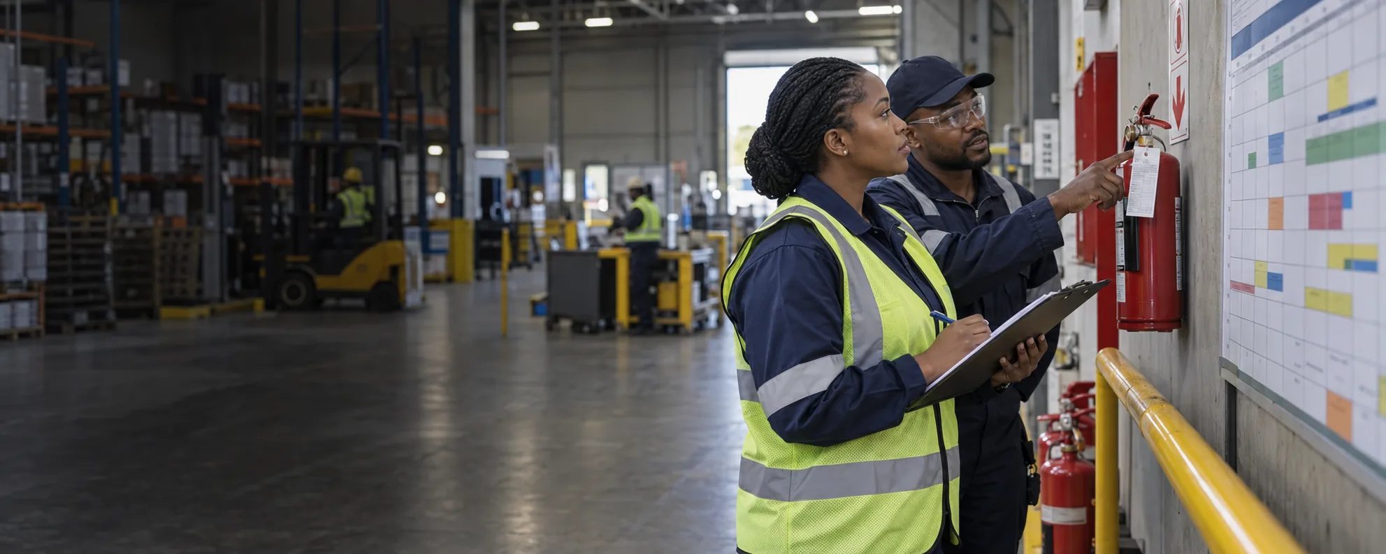 Safety professionals reviewing an inspection schedule and fire-equipment service record in a warehouse